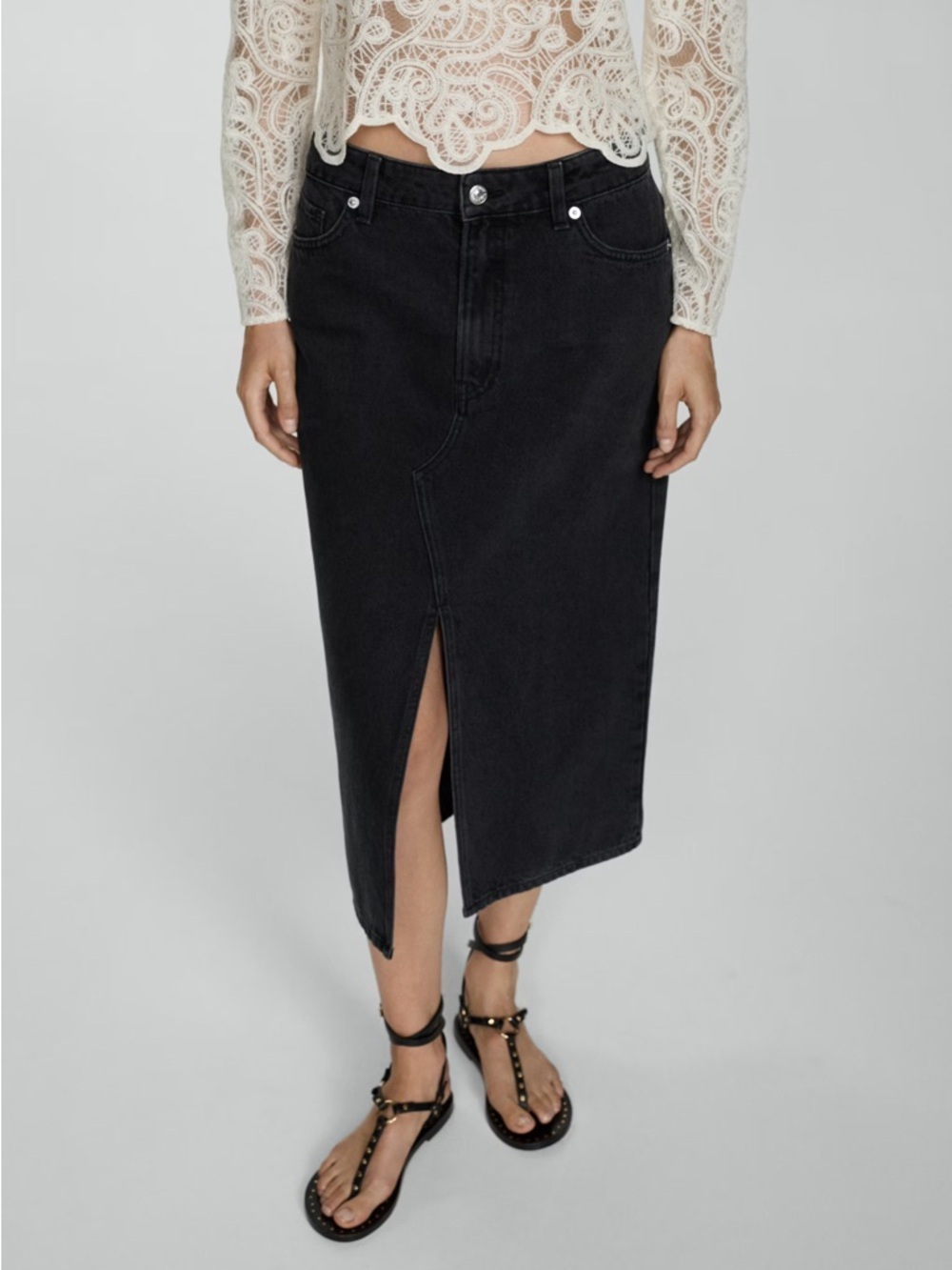 Mango Black denim midi skirt NWT